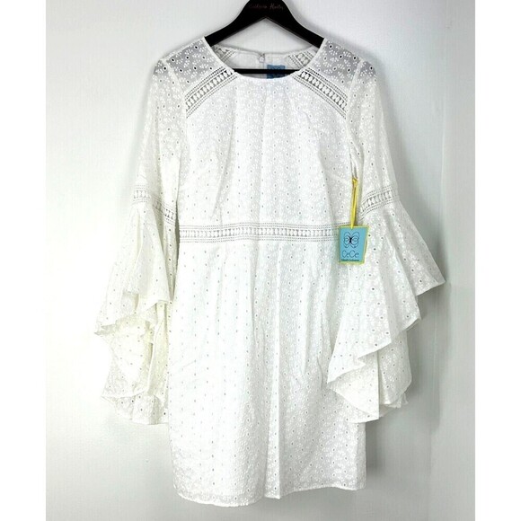 New Cece Women Sz 8 White Dress Eyelet Bell Ruffle Sleeve Crochet Lace A Line H4 - Picture 2 of 12